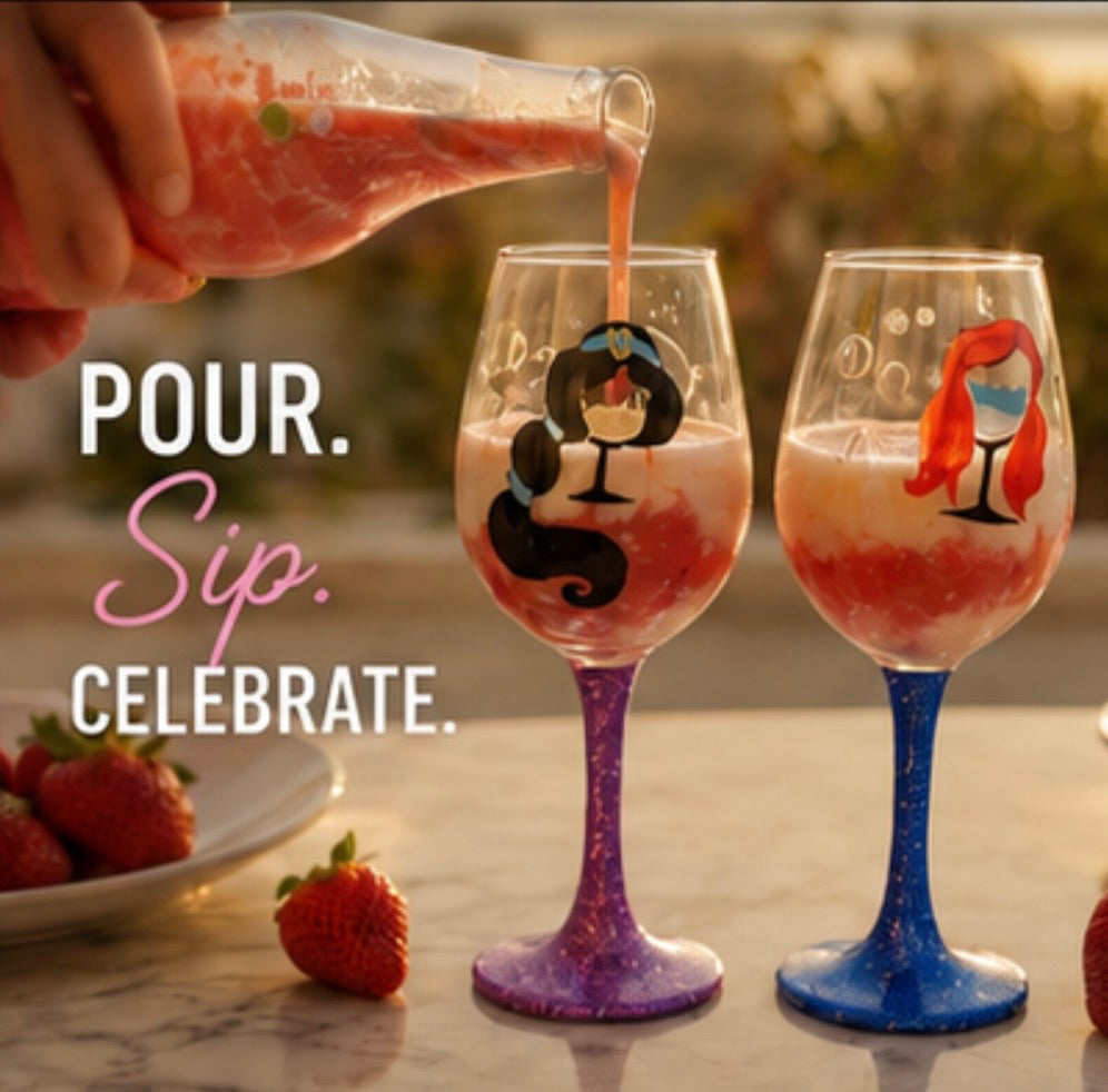 Stylish Customized Wine Glasses with Glitter Stems