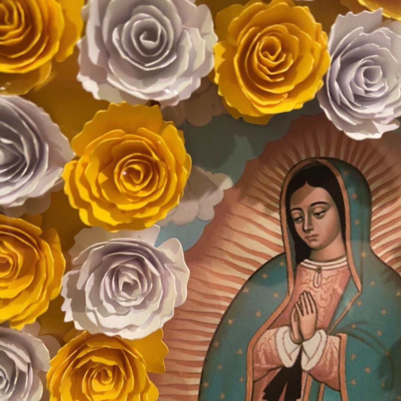 8x8 Shadow Box Saint with Handmade Flowers