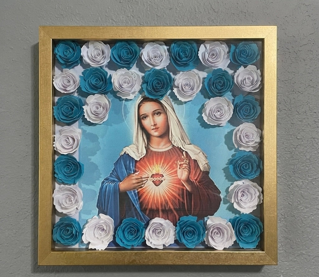 8x8 Shadow Box Saint with Handmade Flowers