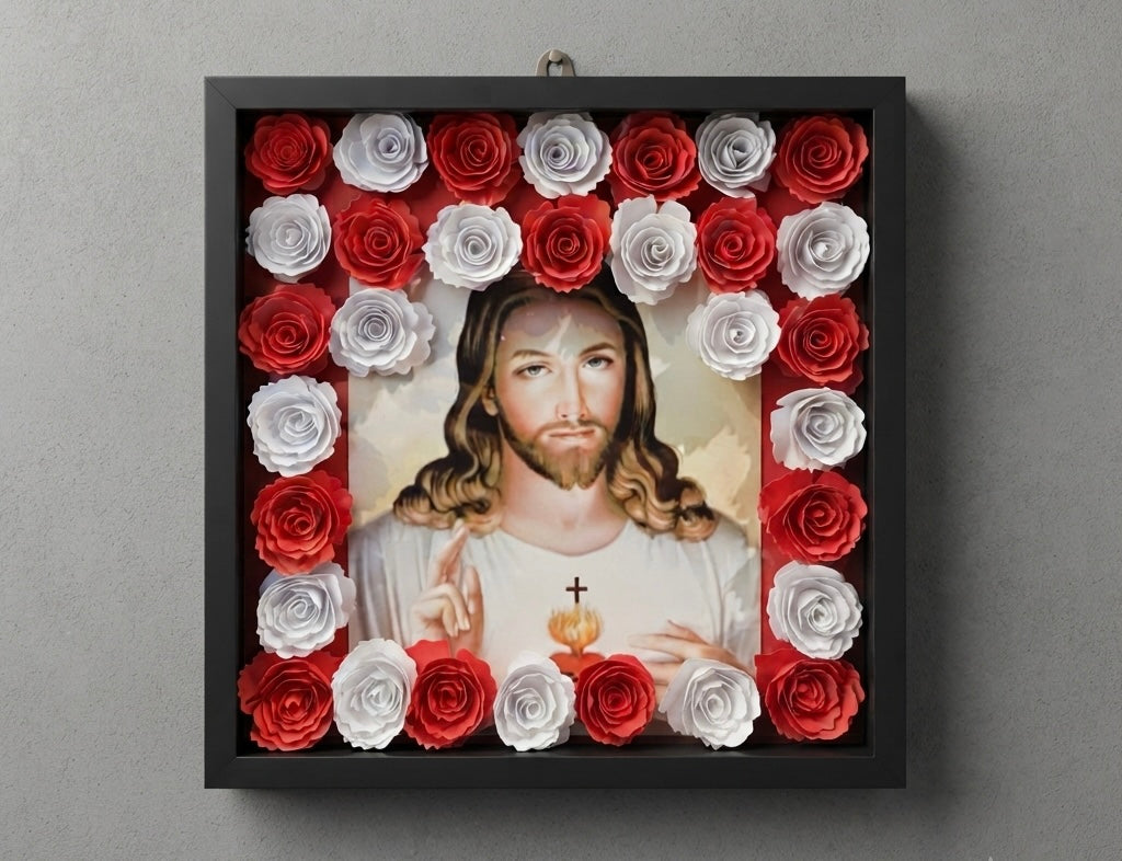 8x8 Shadow Box Saint with Handmade Flowers