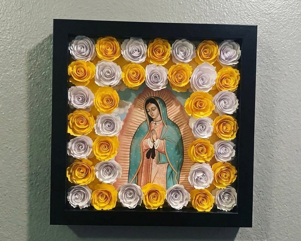 8x8 Shadow Box Saint with Handmade Flowers